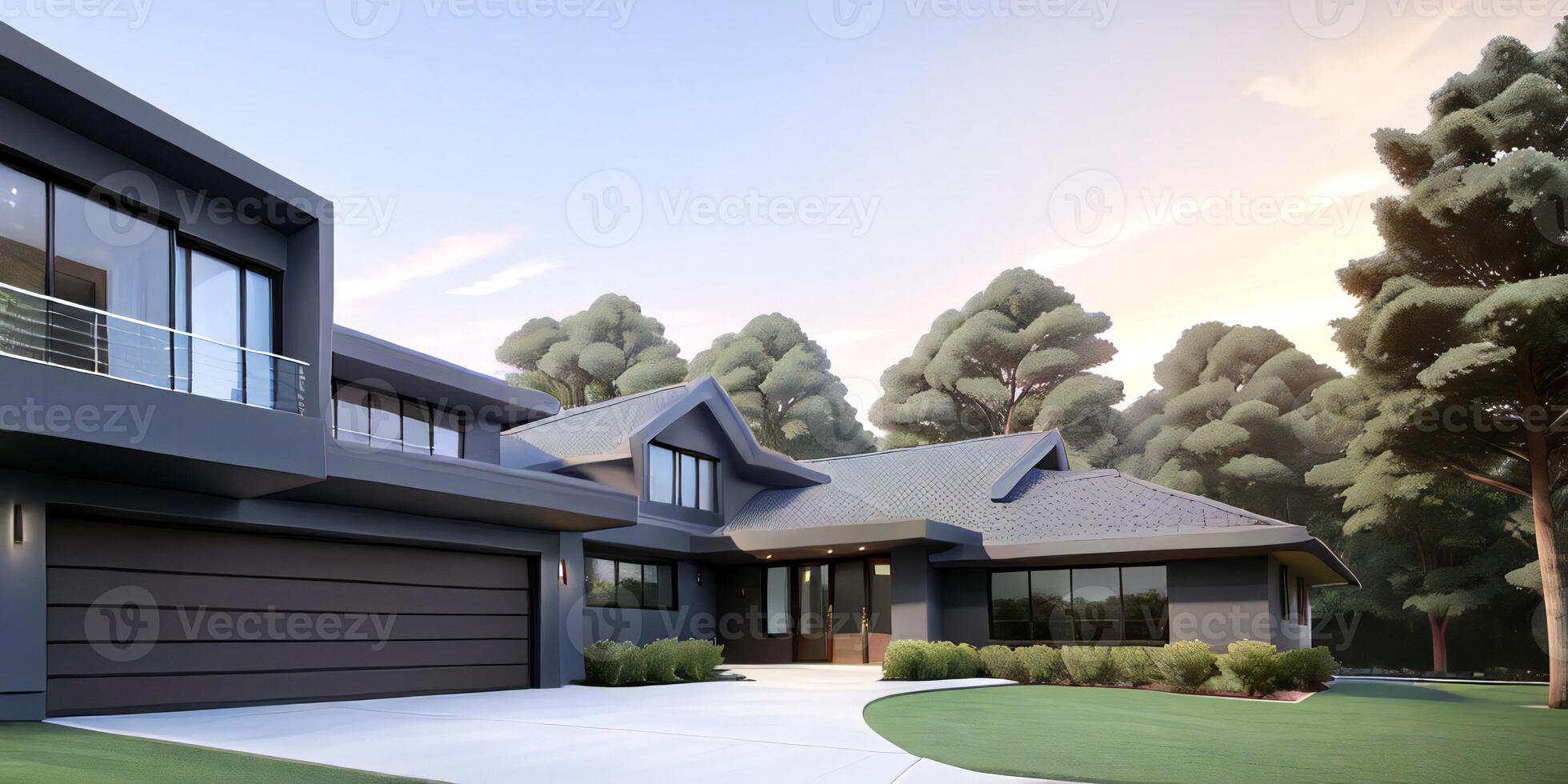 A modern house with a driveway in front of it photo