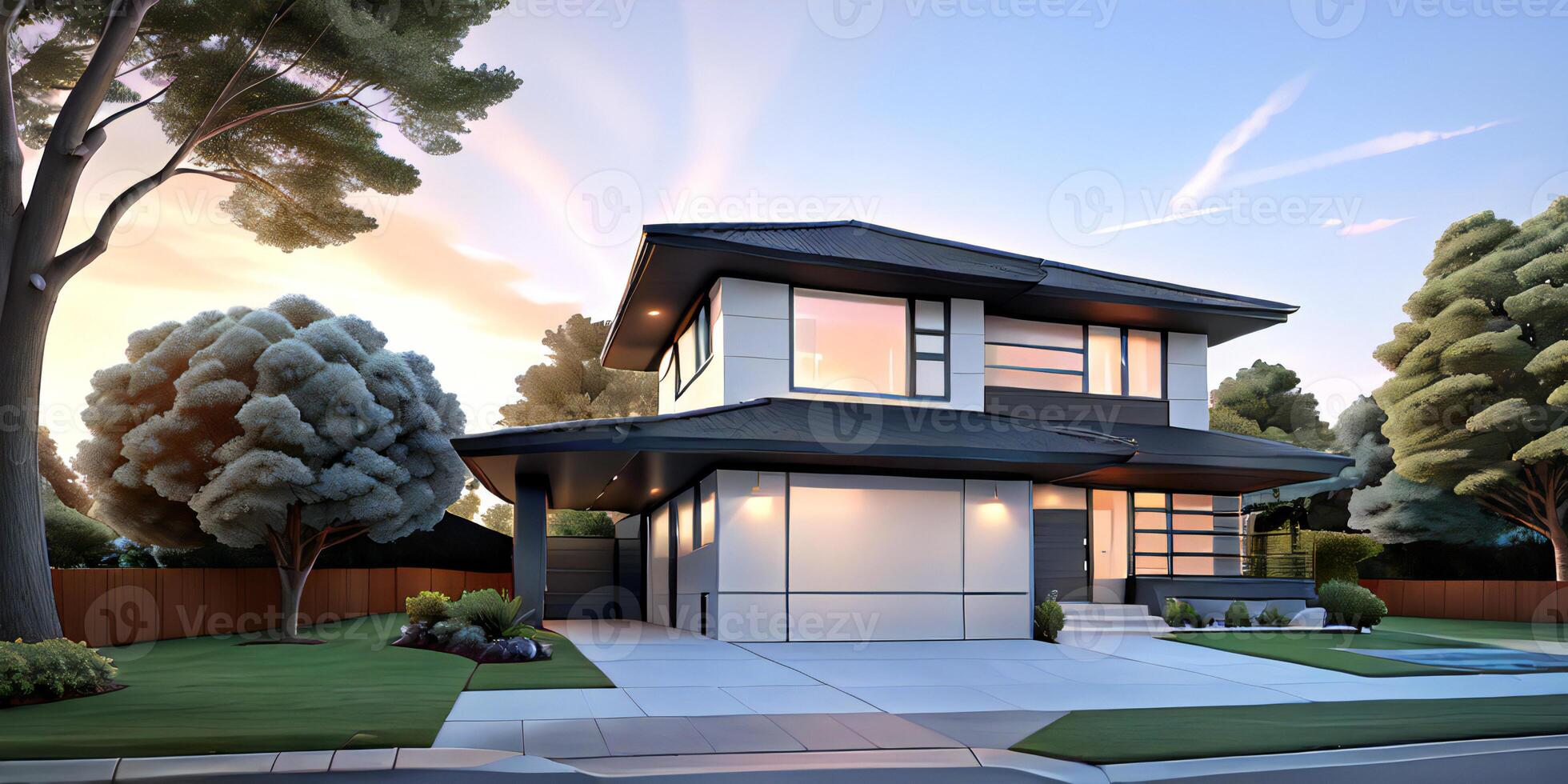 A modern house with a driveway in front of it photo
