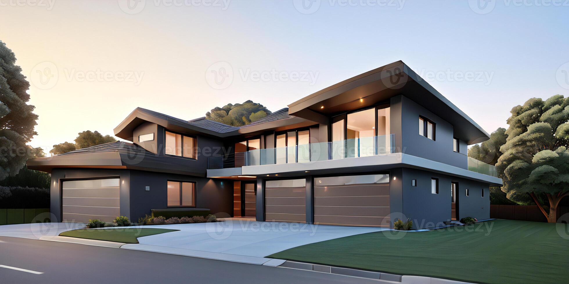 A modern house with a driveway in front of it photo