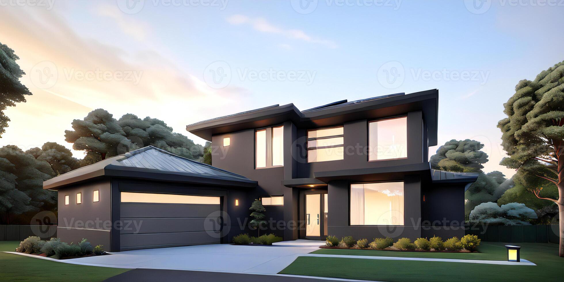 A modern house with a driveway in front of it photo