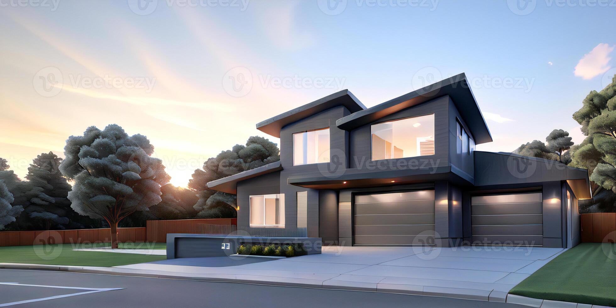 A modern house with a driveway in front of it photo