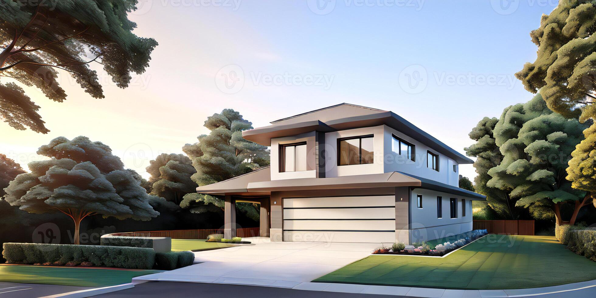 A modern house with a driveway in front of it ai generated photo