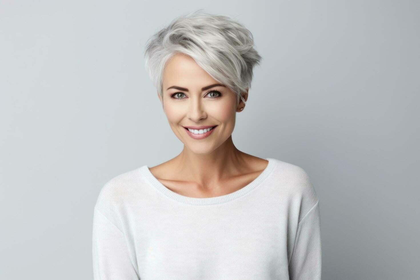 Beautiful elderly woman with gray hair smiling photo