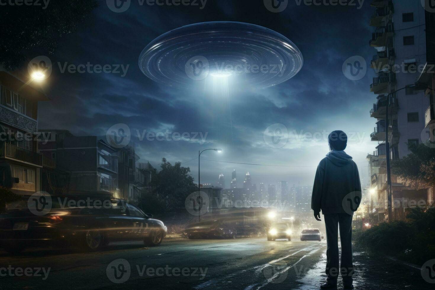 A street at night with an alien flying over it photo