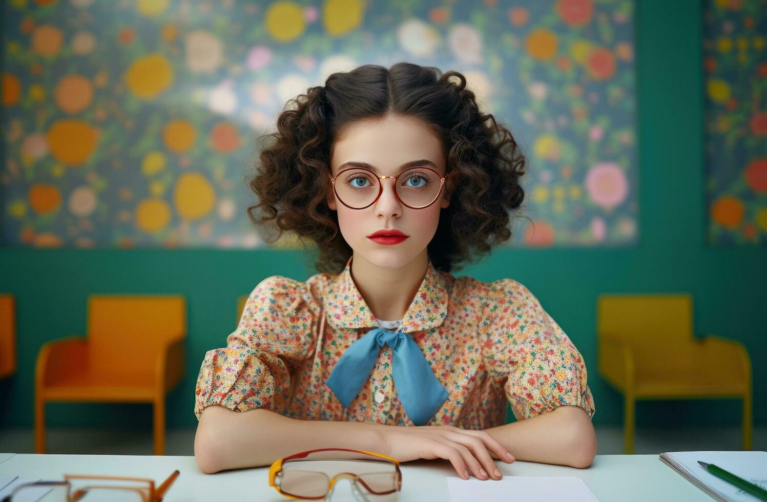 Girl sitting at a desk in a classroom, photo