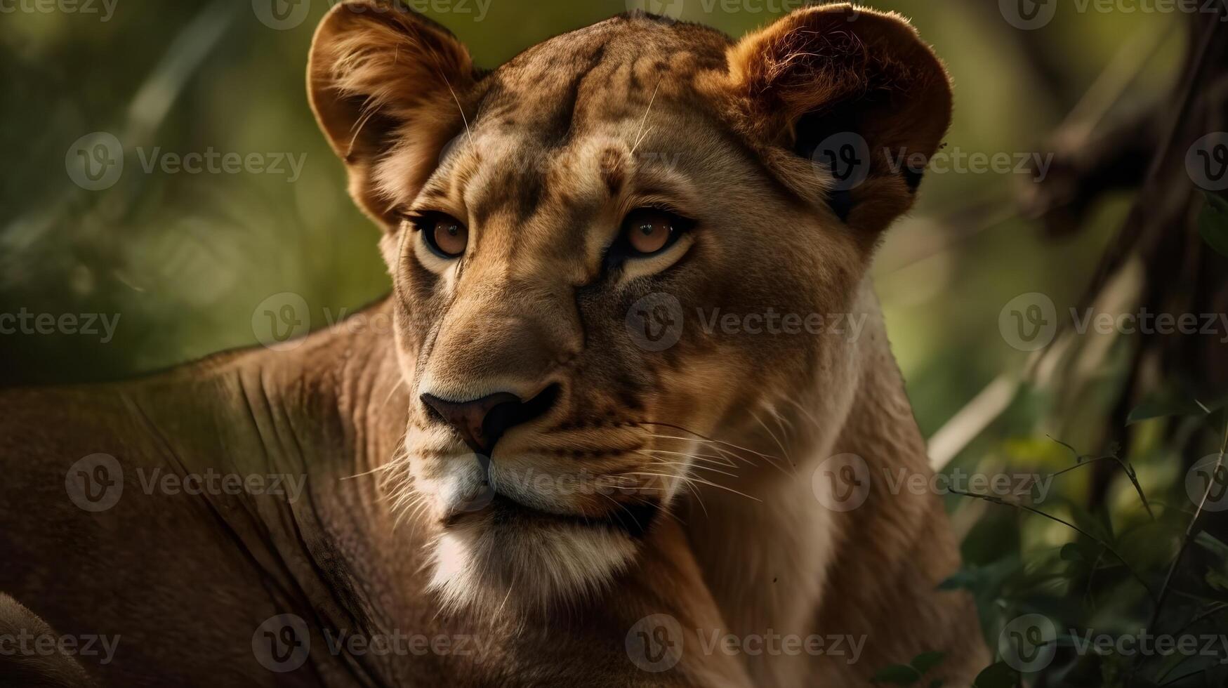 Close up portrait from side face ferocious carnivore female lion, stare or looking straight forward at the savannah desert background. photo