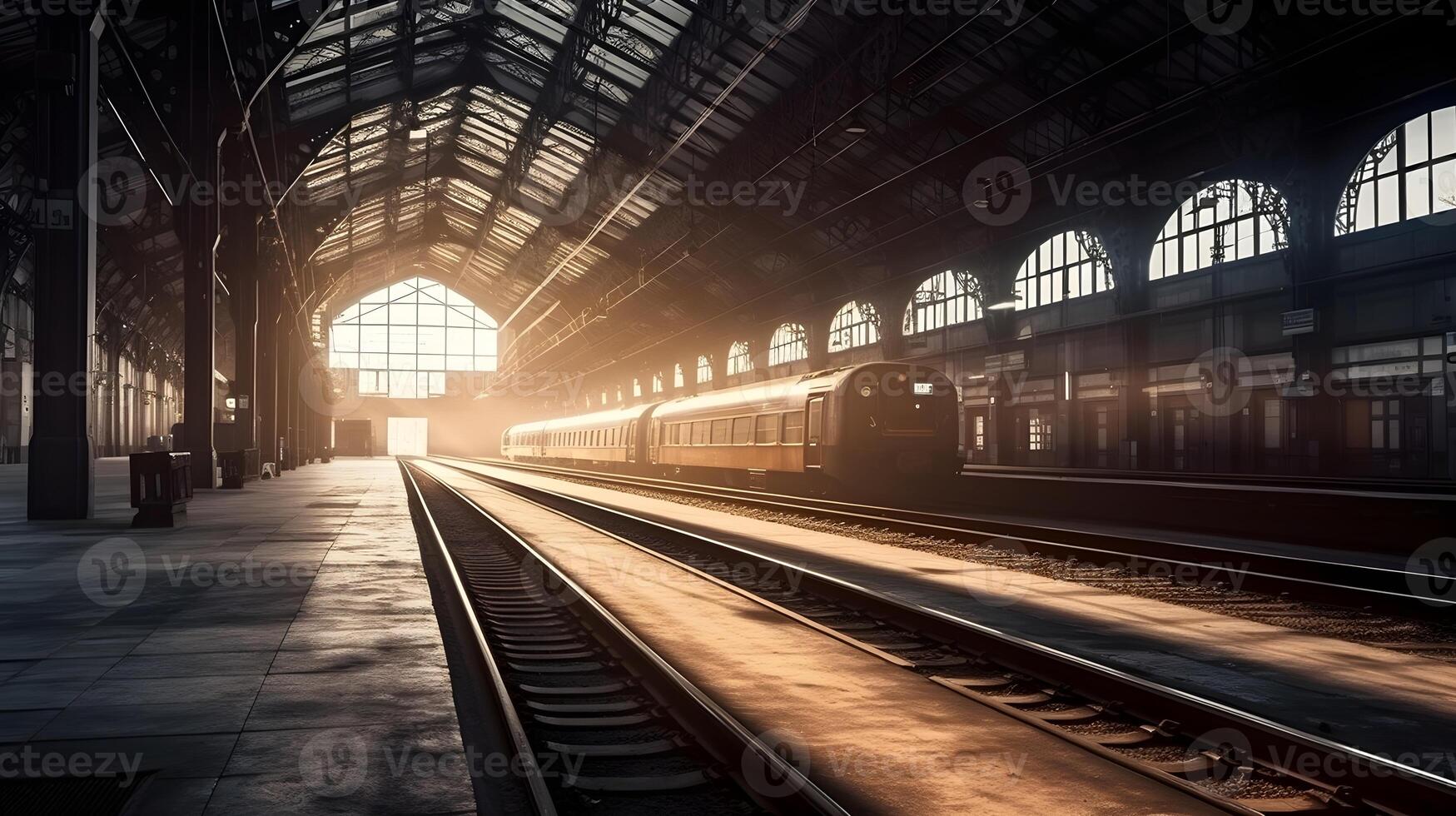 City architecture of old train station. Train arrives at busy railroad station. Urban transportation. photo