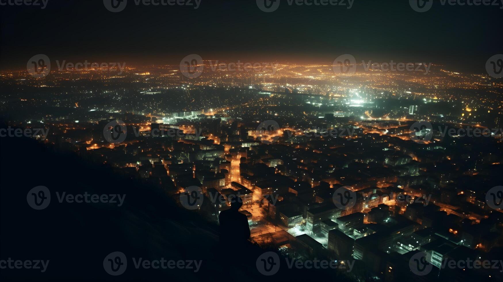 Illuminated cityscape at night, showcasing stunning architecture and captivating skyline view from high area, aerial view. photo