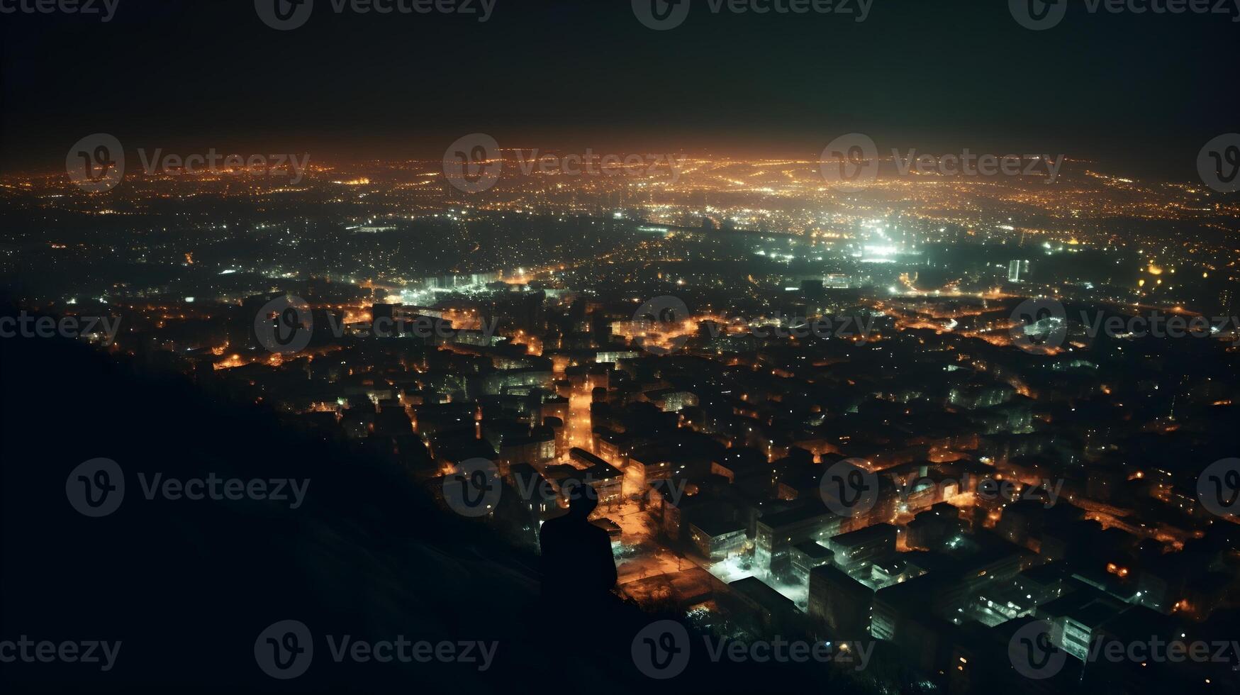 iluminado paisaje urbano a noche, exhibiendo maravilloso arquitectura y cautivador horizonte ver desde alto área, aéreo vista. ai generado foto