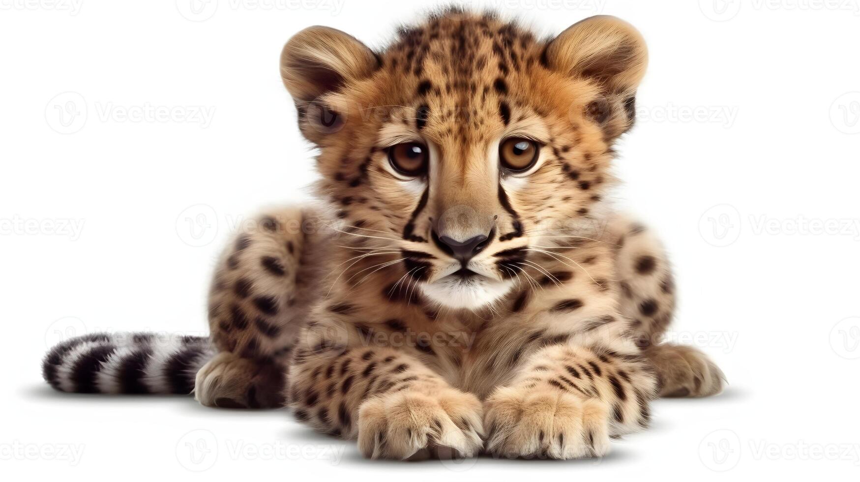 feroz carnívoro bebé leopardo sentar y Mira Derecho a el cámara estudio Disparo aislado en blanco antecedentes. ai generado foto