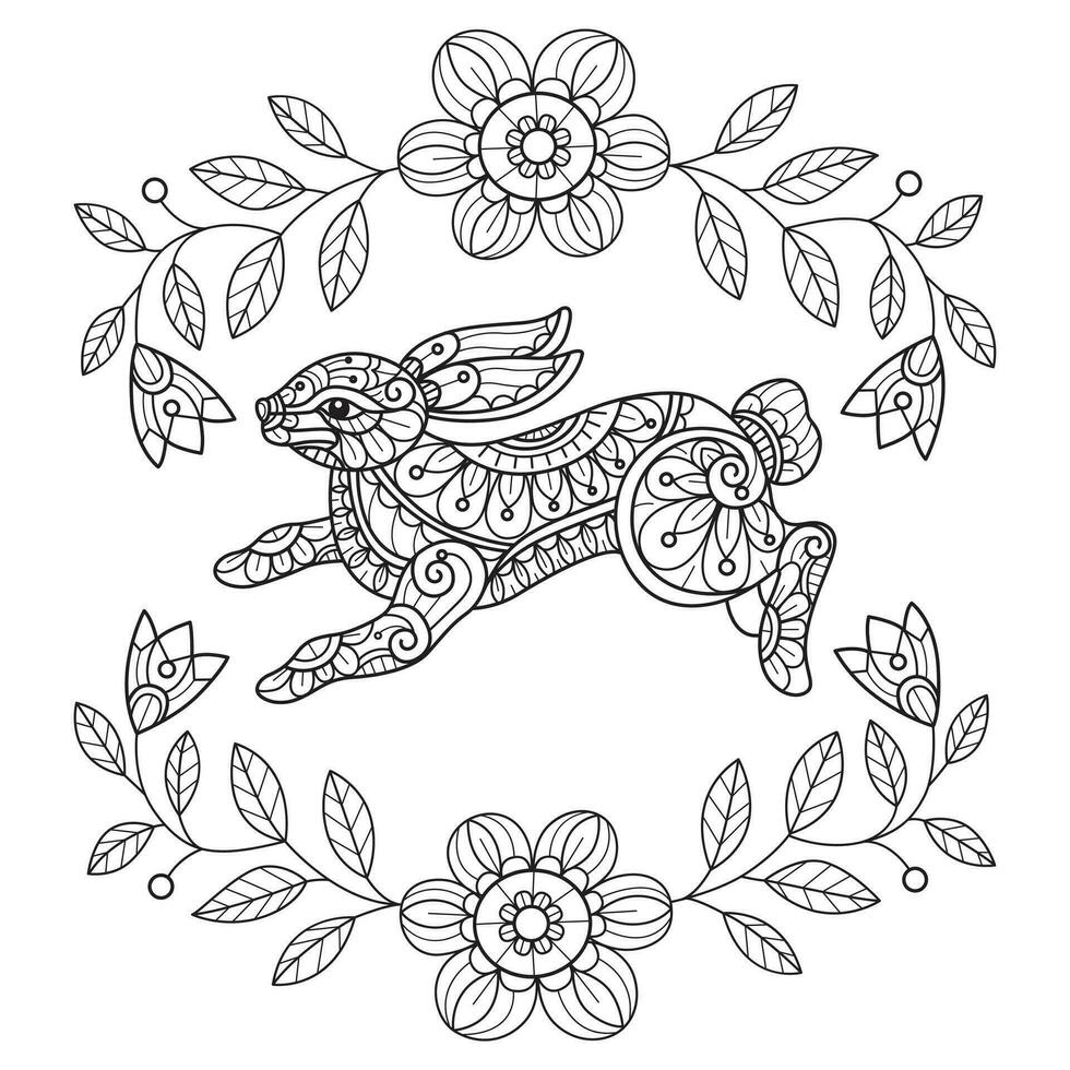 conejito en un flor marco mano dibujado para adulto colorante libro vector