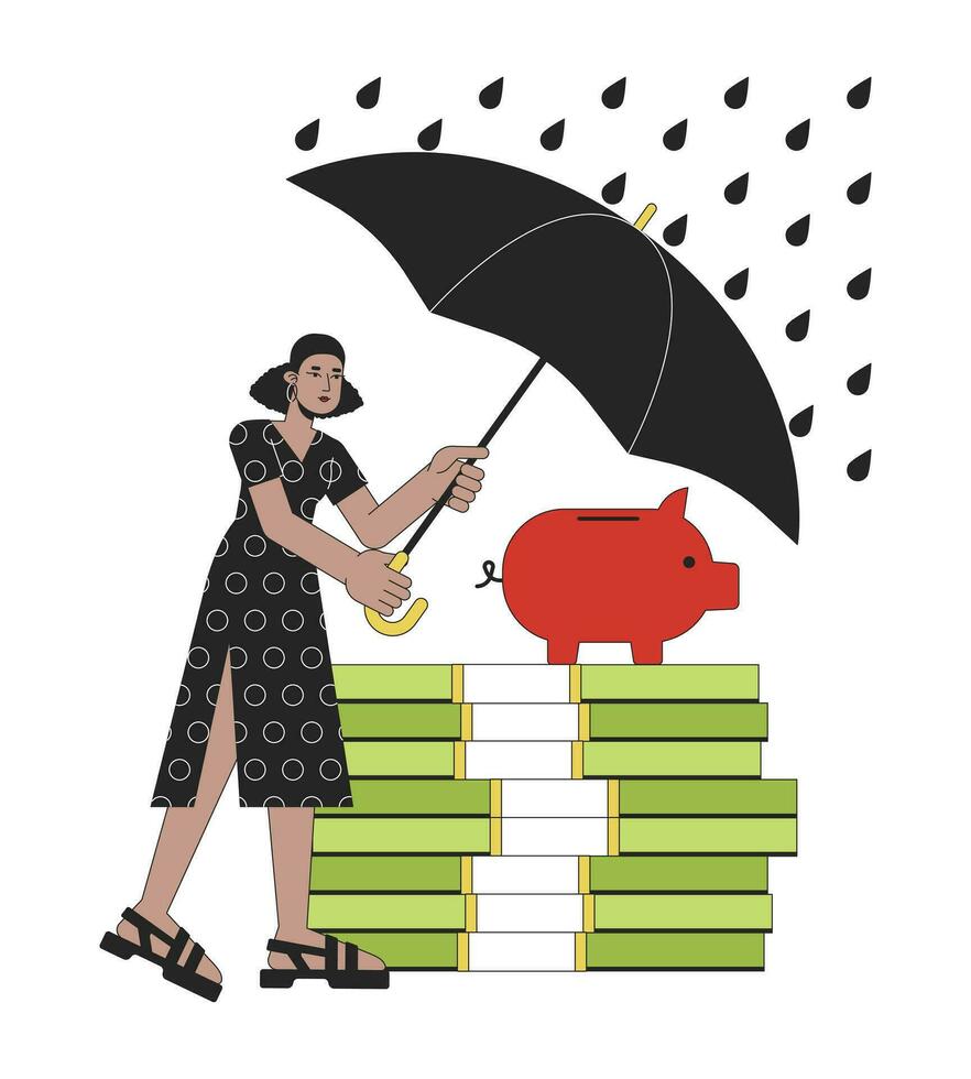 Protect finance flat line concept vector spot illustration. Woman covering savings from rain 2D cartoon outline character on white for web UI design. Editable isolated color hero image