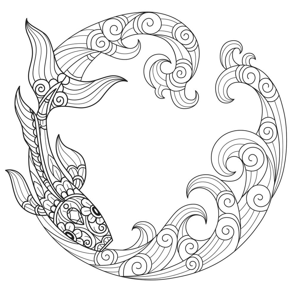 Sea waves and fish hand drawn for adult coloring book vector