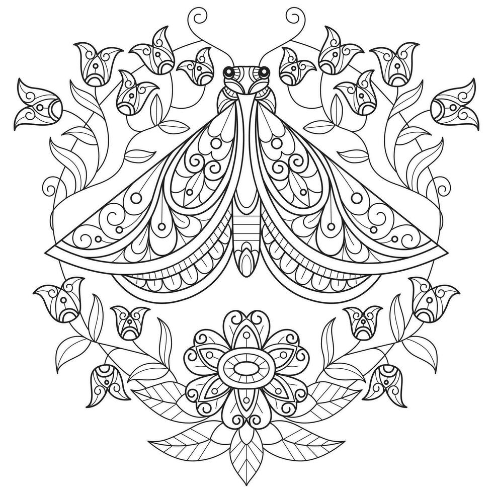 flor linda y mariposa mano dibujado para adulto colorante libro vector