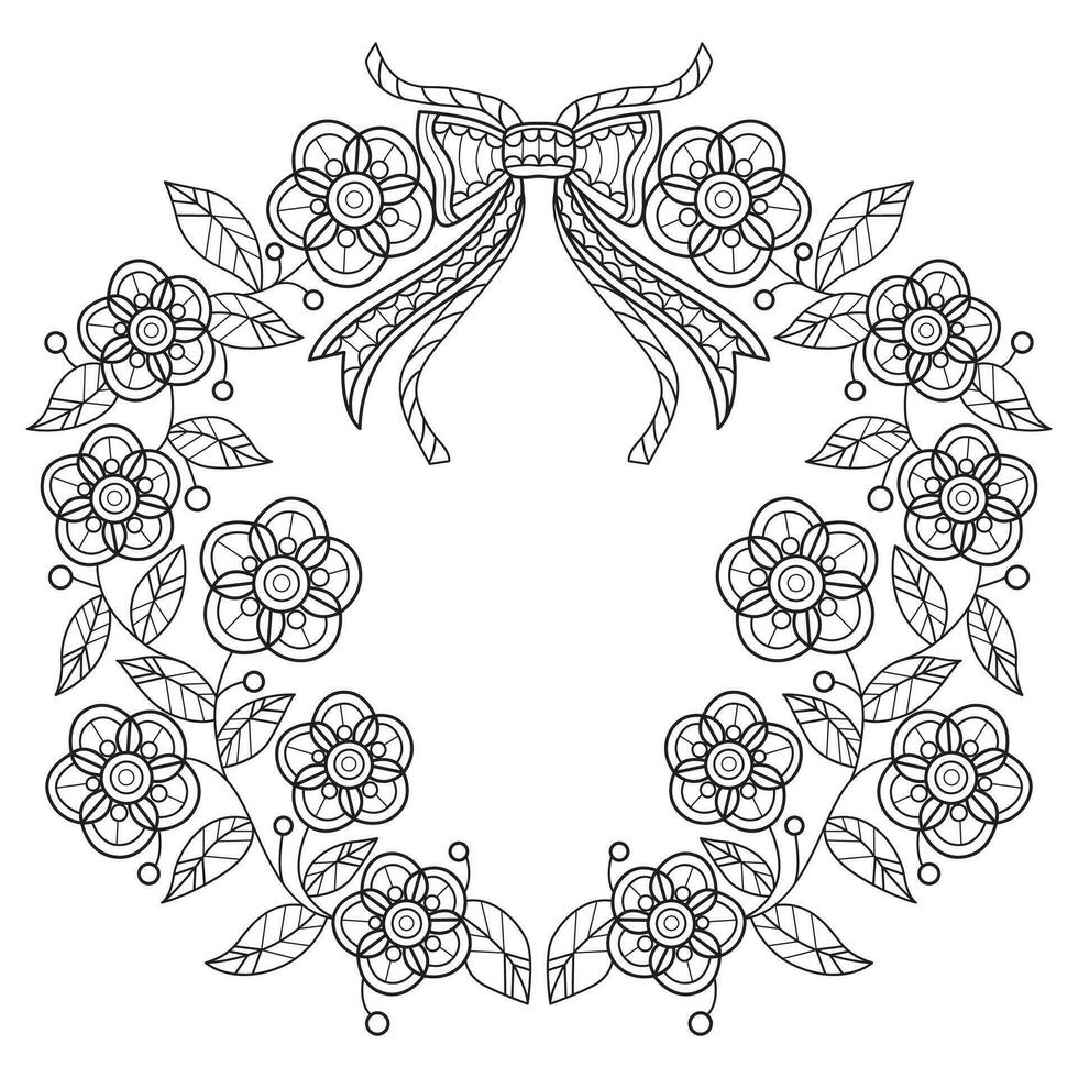 Wreath bow and flowers  hand drawn for adult coloring book vector