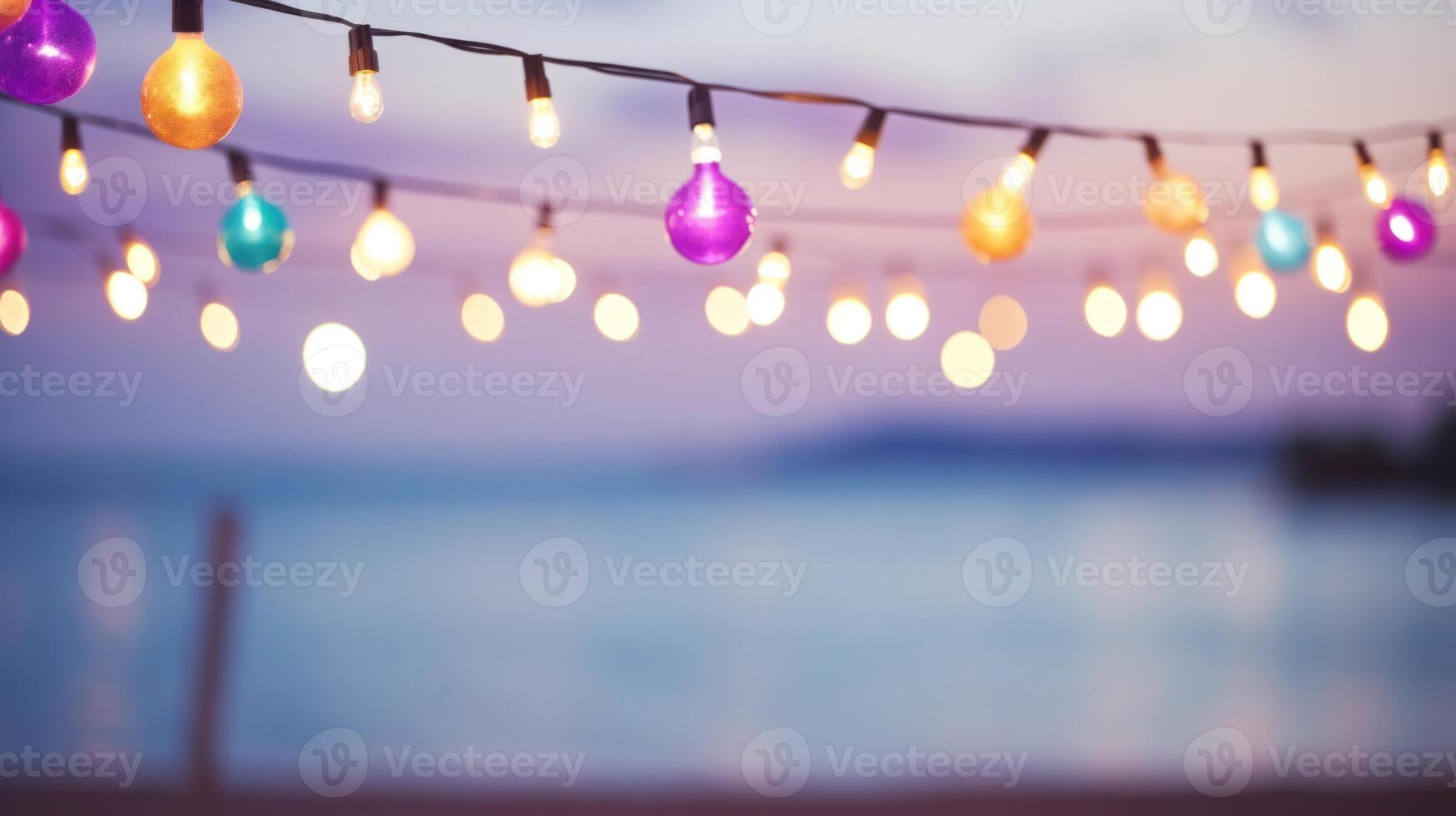 Lights garland on summer beach cafe. Illustration AI Generative photo