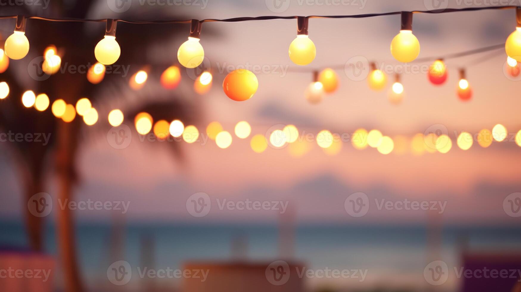 Lights garland on summer beach cafe. Illustration photo