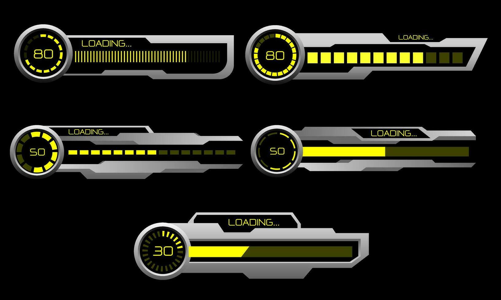 Set of HUD modern loading progress bars user interface elements design technology cyber yellow grey metallic black futuristic vector