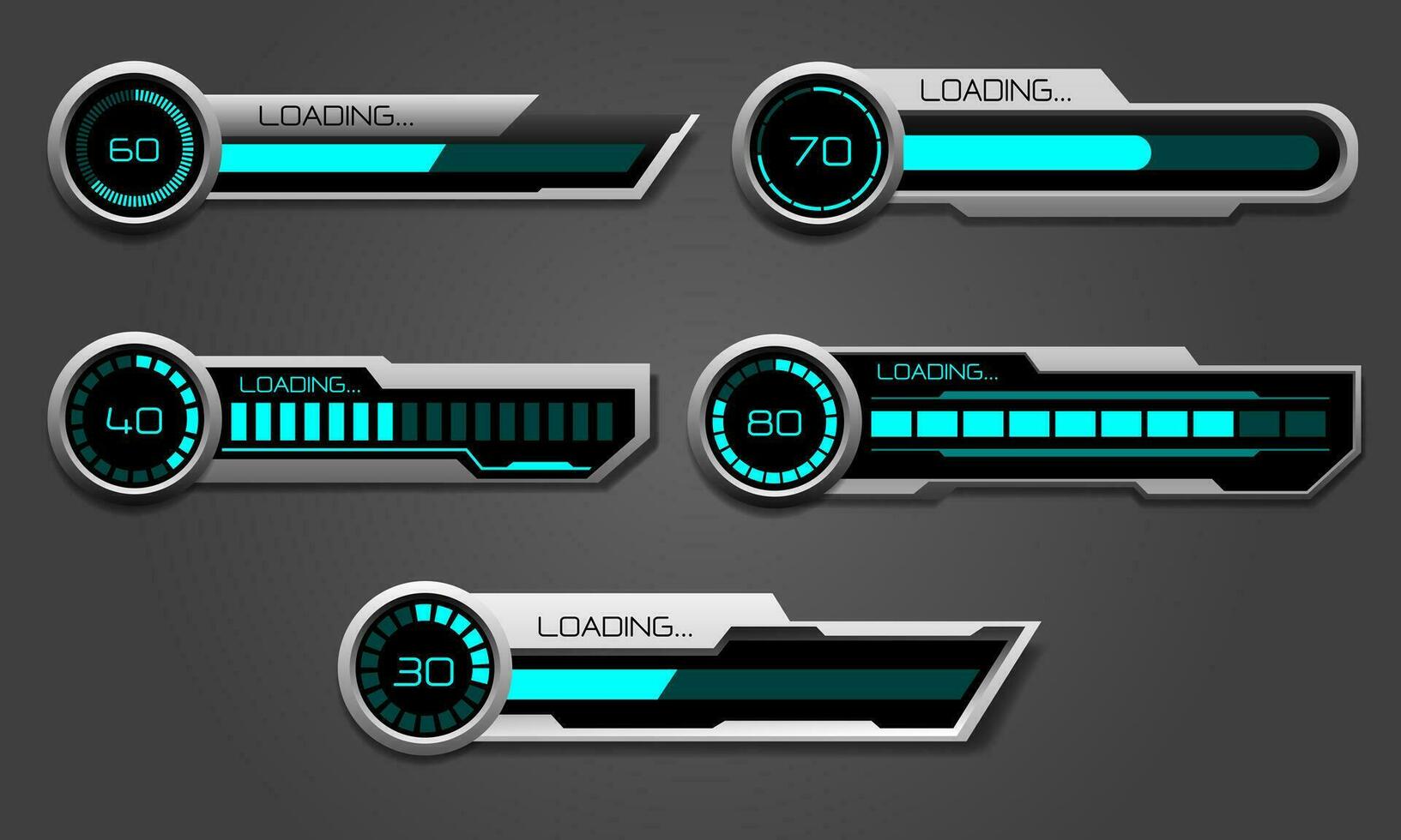 Set of HUD modern loading progress bars user interface elements design technology cyber blue grey metallic futuristic vector