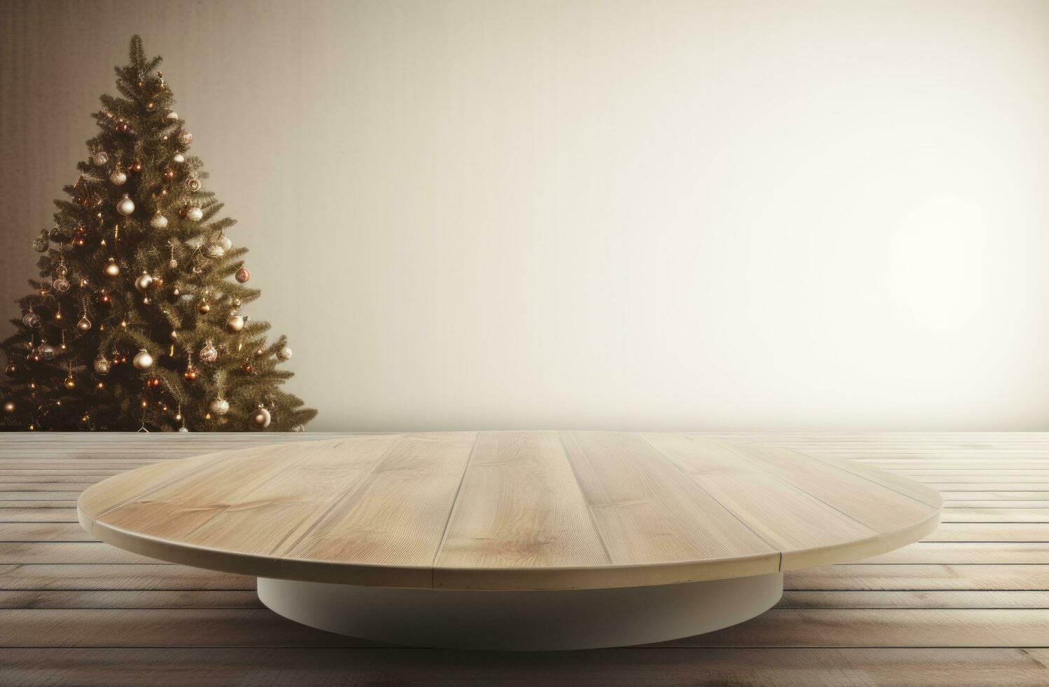 White wood table top and a bright room with christmas tree photo