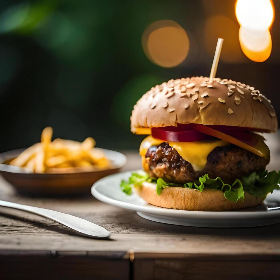 hamburger and fries on a wooden cutting board ai generated photo