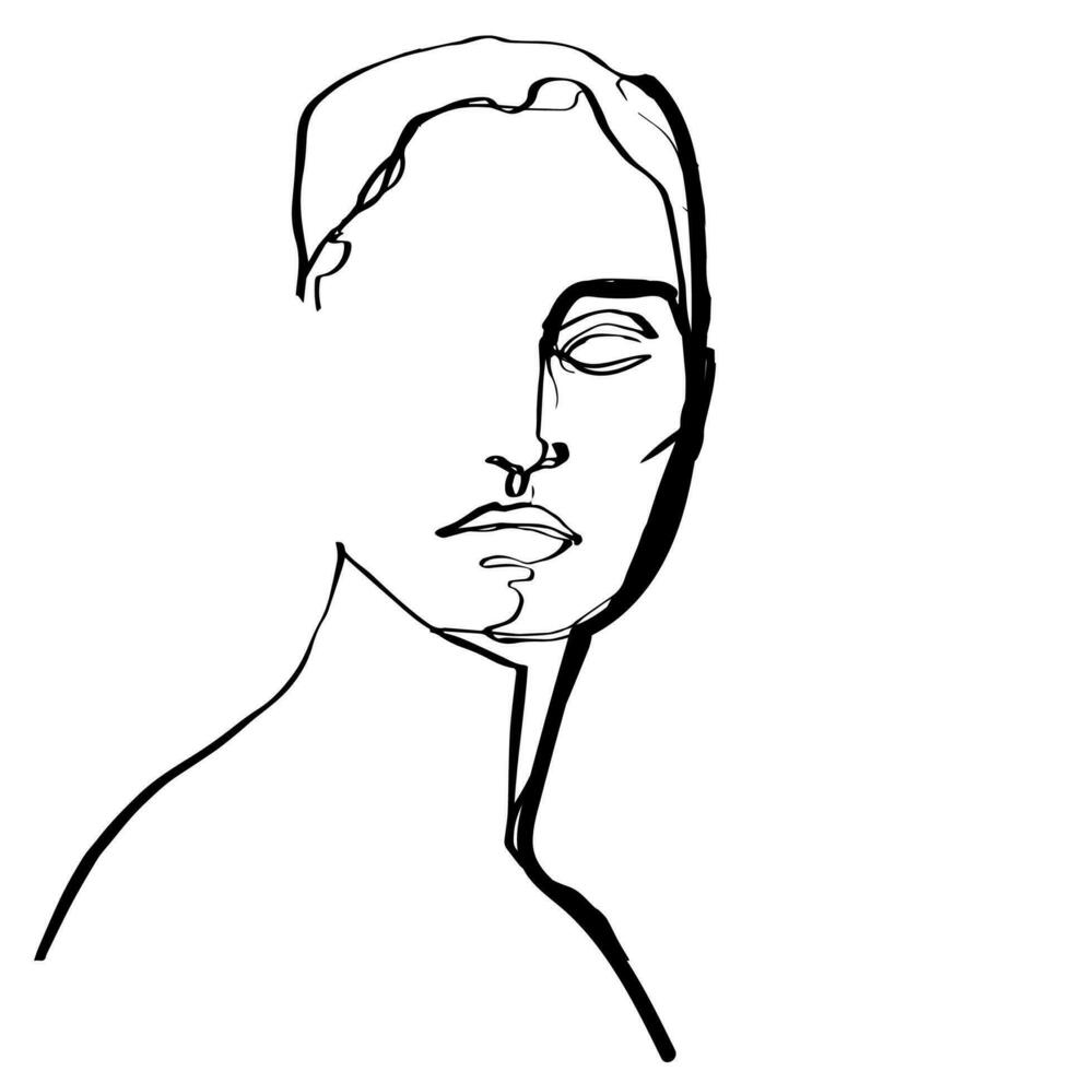 single line female character face black and white vector