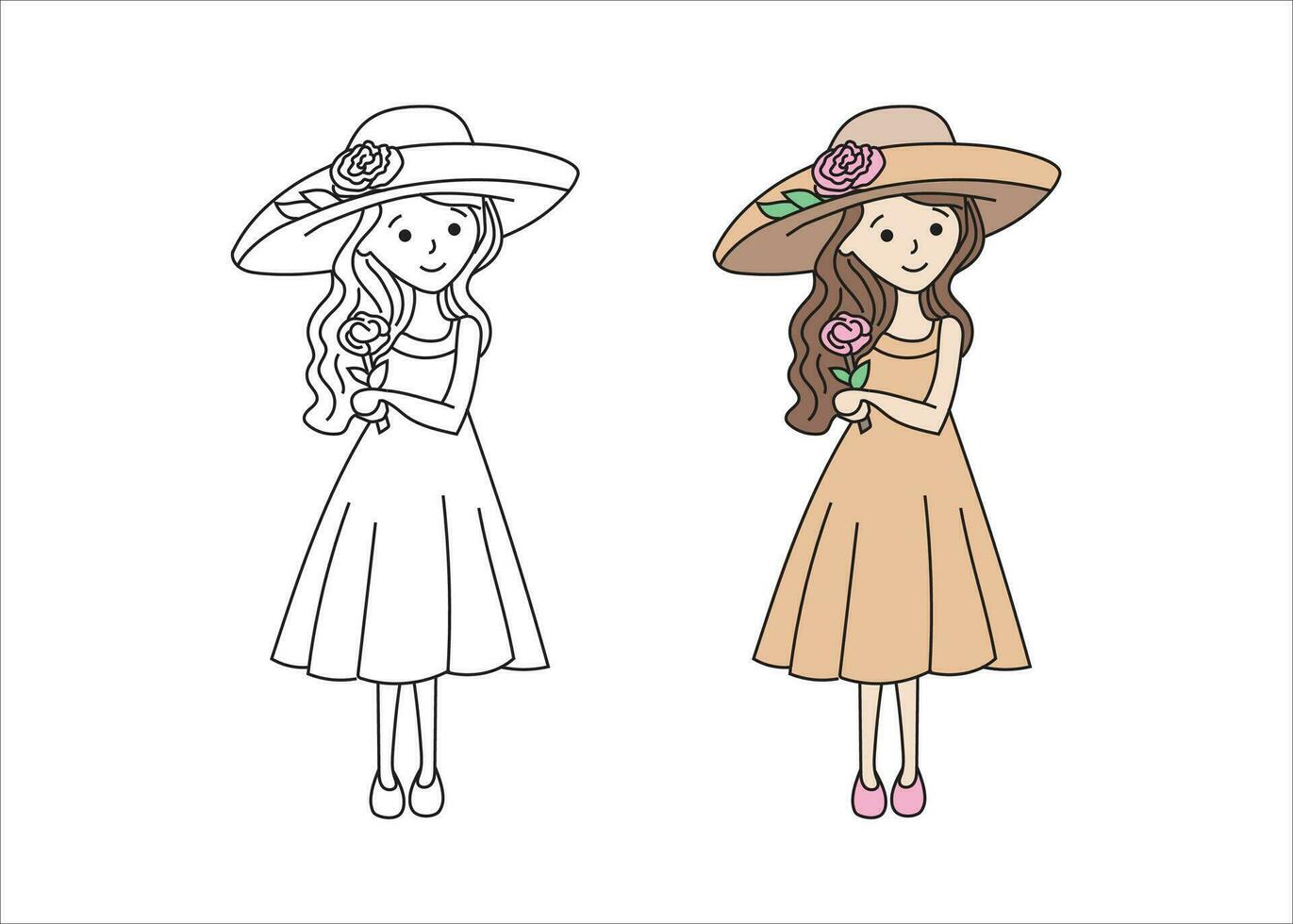 cute girl minimal line art with colored vector illustration