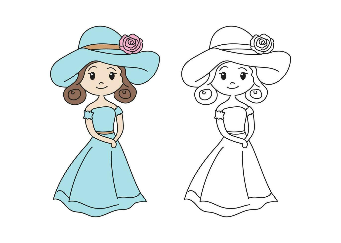 cute girl minimal line art with colored vector illustration