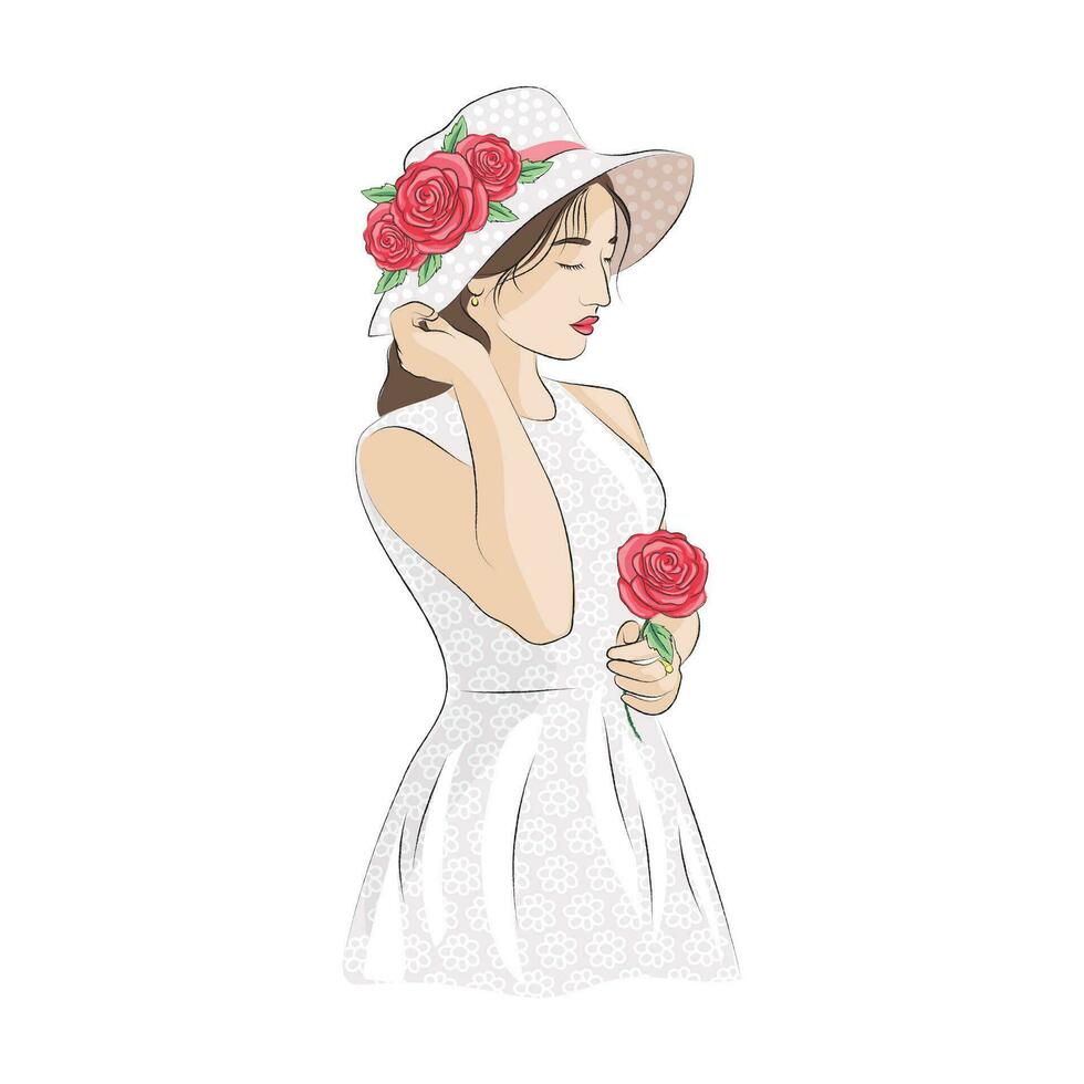 mano dibujado mujer Moda ilustración niña con flores acuarela estilo vector