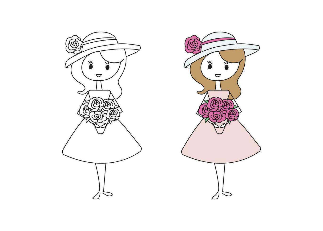 Cute girl with flower bouquet stick figure style drawing vector illustration art