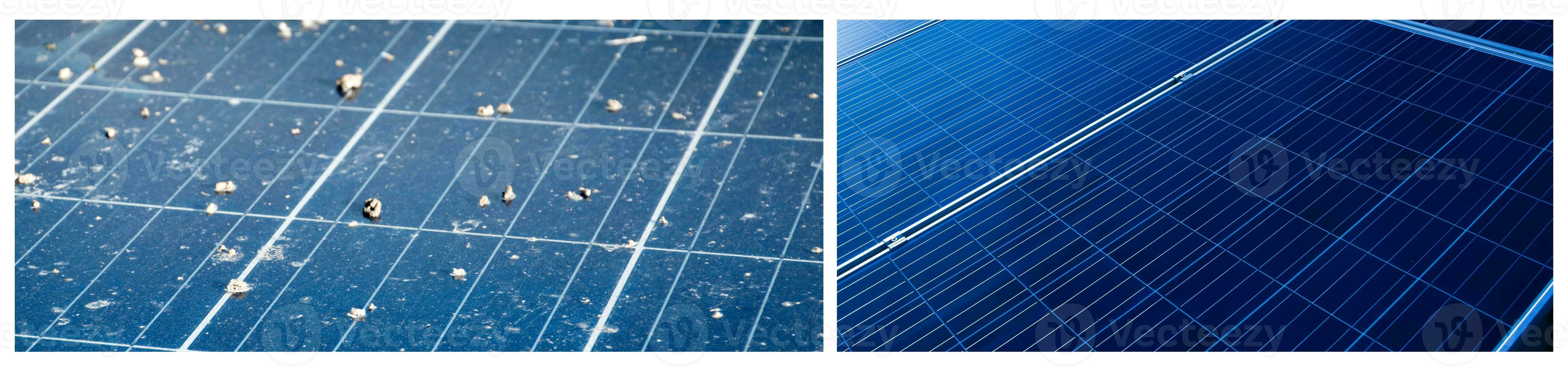 Upper surface of photovoltaic or solarcell panels, dirty panels and clean panels after washing, cropped shot, concept for washing and cleaning for the efficiency of working system of solar cells. photo