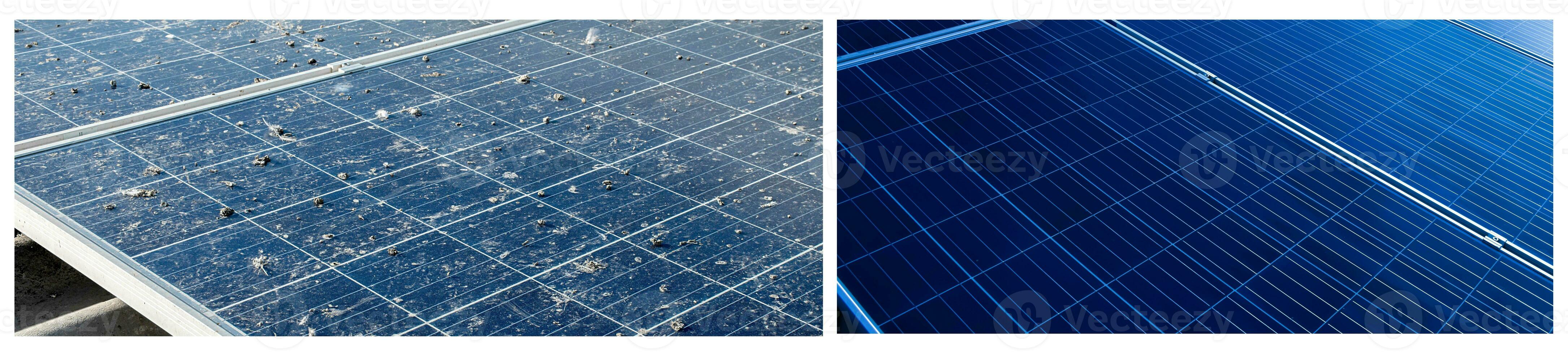 Superior superficie de fotovoltaica o célula solar paneles, sucio paneles y limpiar paneles después Lavado, recortado disparo, concepto para Lavado y limpieza para el eficiencia de trabajando sistema de solar células. foto