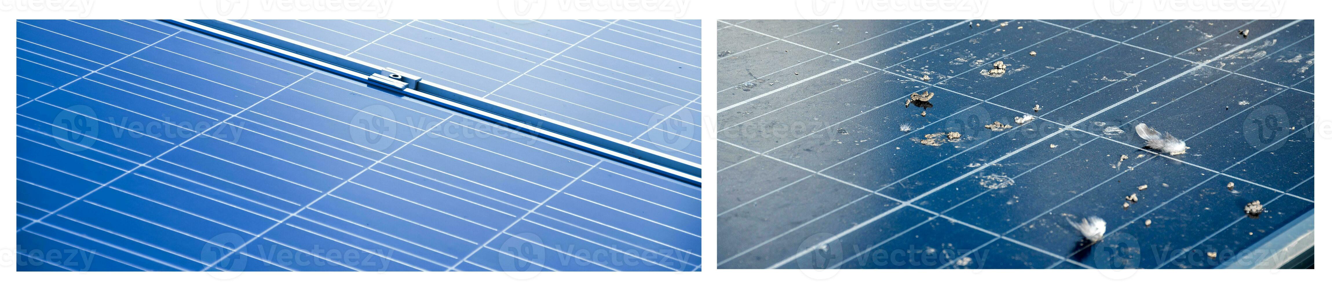 Upper surface of photovoltaic or solarcell panels, dirty panels and clean panels after washing, cropped shot, concept for washing and cleaning for the efficiency of working system of solar cells. photo