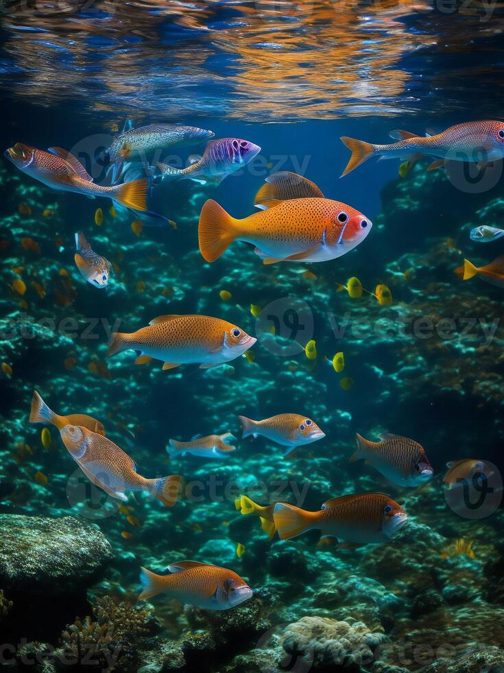 a group of fish swimming in the ocean ai generated photo