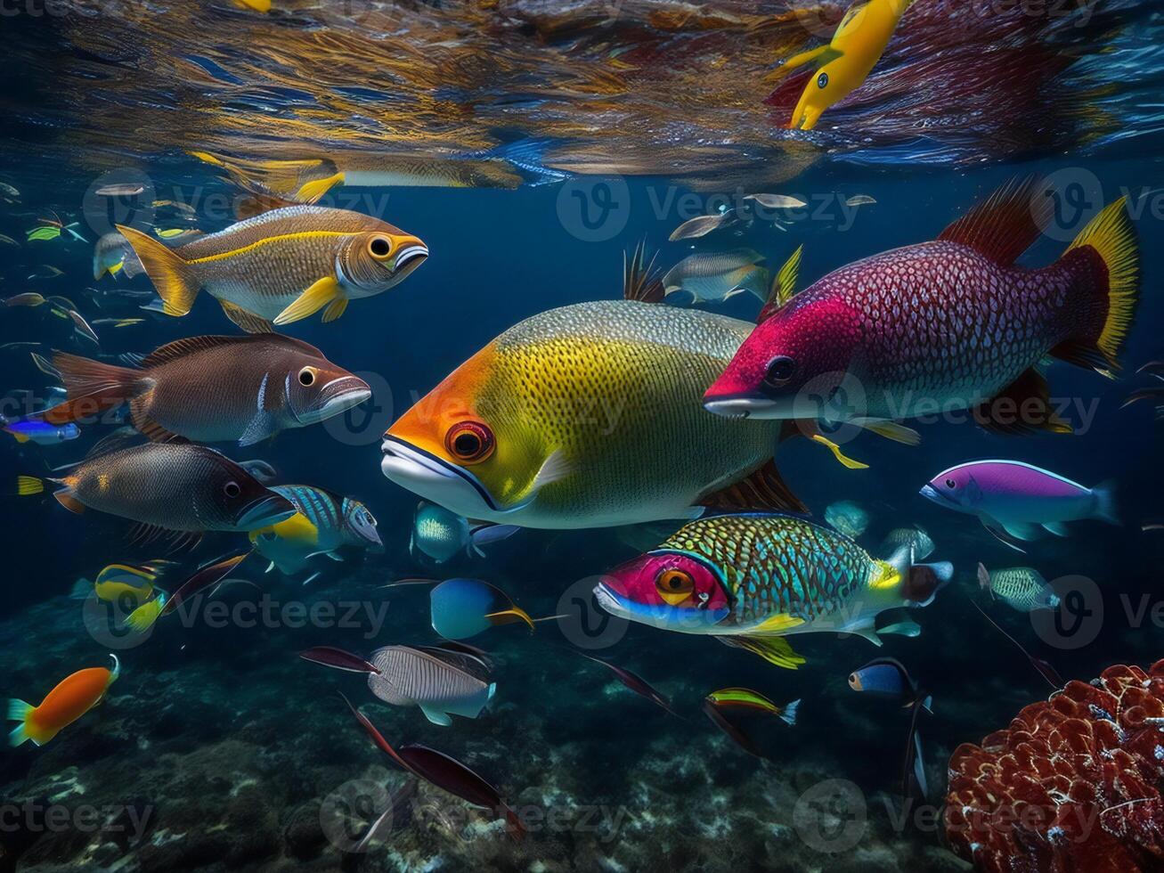 a group of fish swimming in the ocean ai generated photo