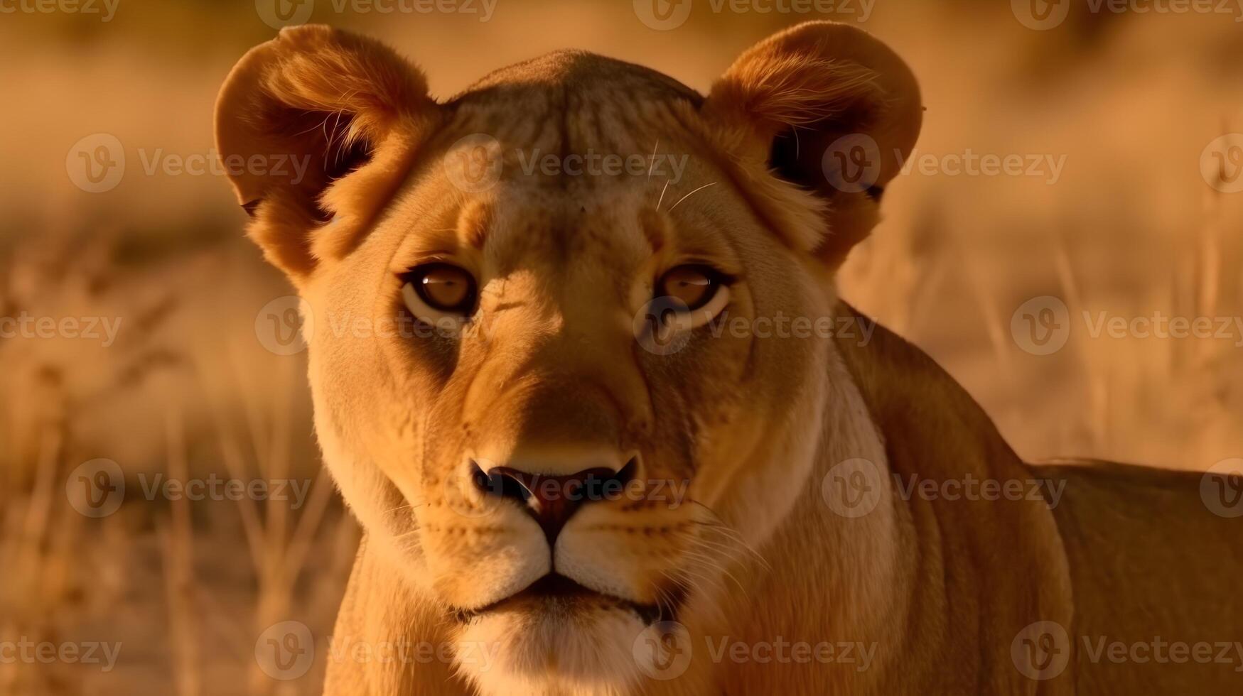 cerca arriba retrato feroz carnívoro hembra león, mirar fijamente o mirando a el cámara a el sabana Desierto antecedentes. ai generado foto