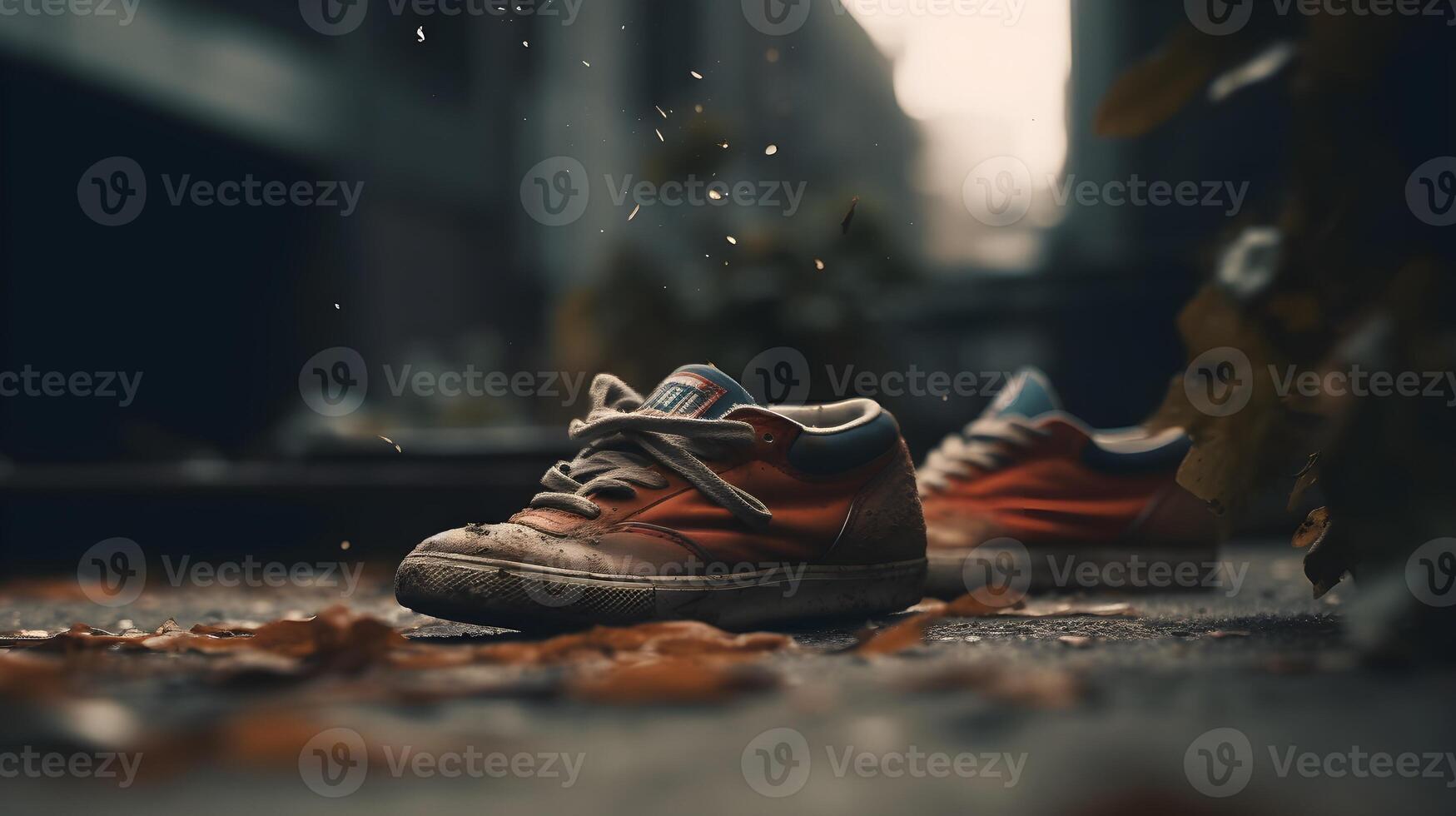 A dirty red shoes laying somewhere in the ground urban city background. AI Generated photo