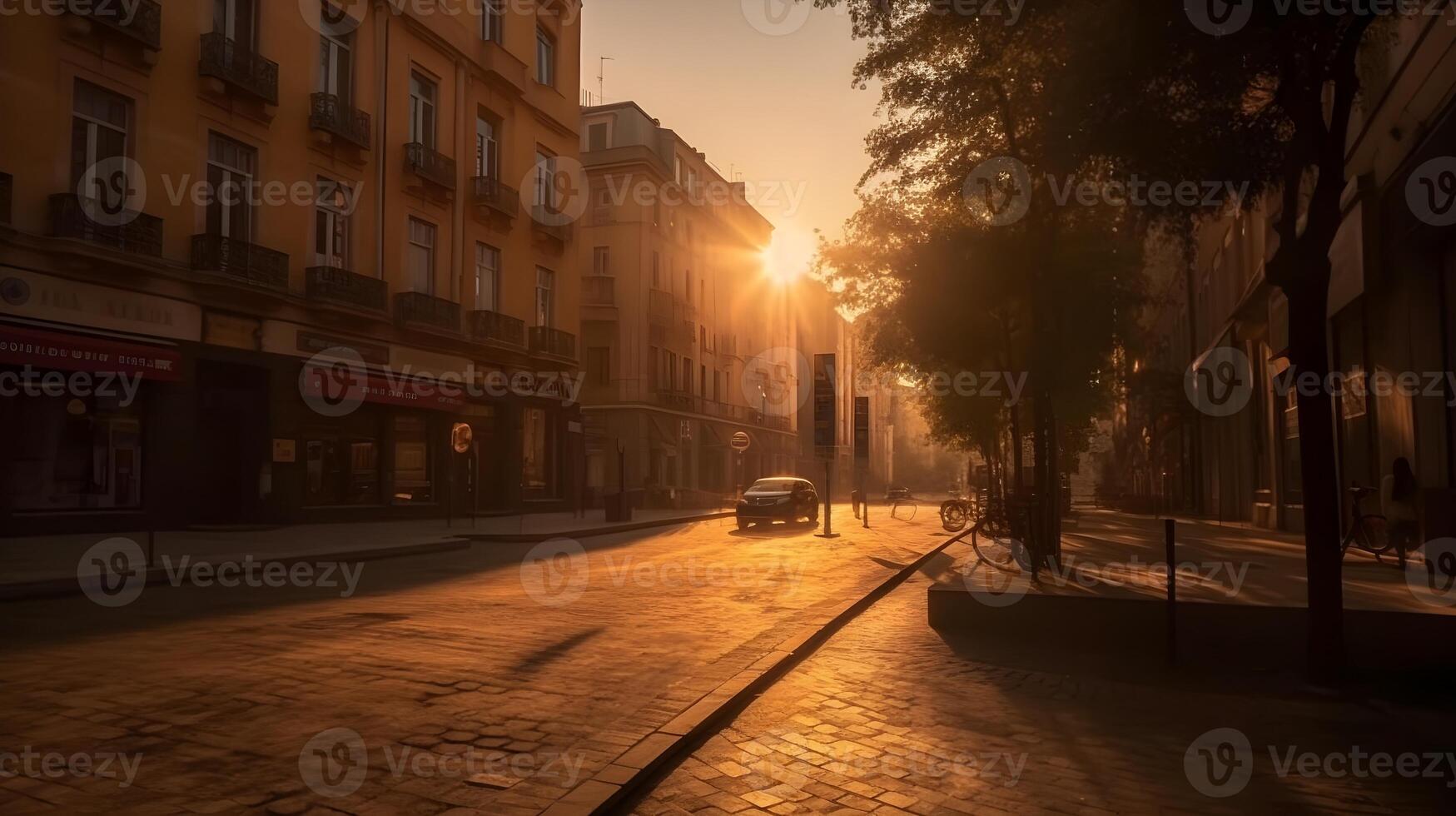 City Street at Evening Dusk with Residential Buildings and Nightfall Sky. AI Generated photo