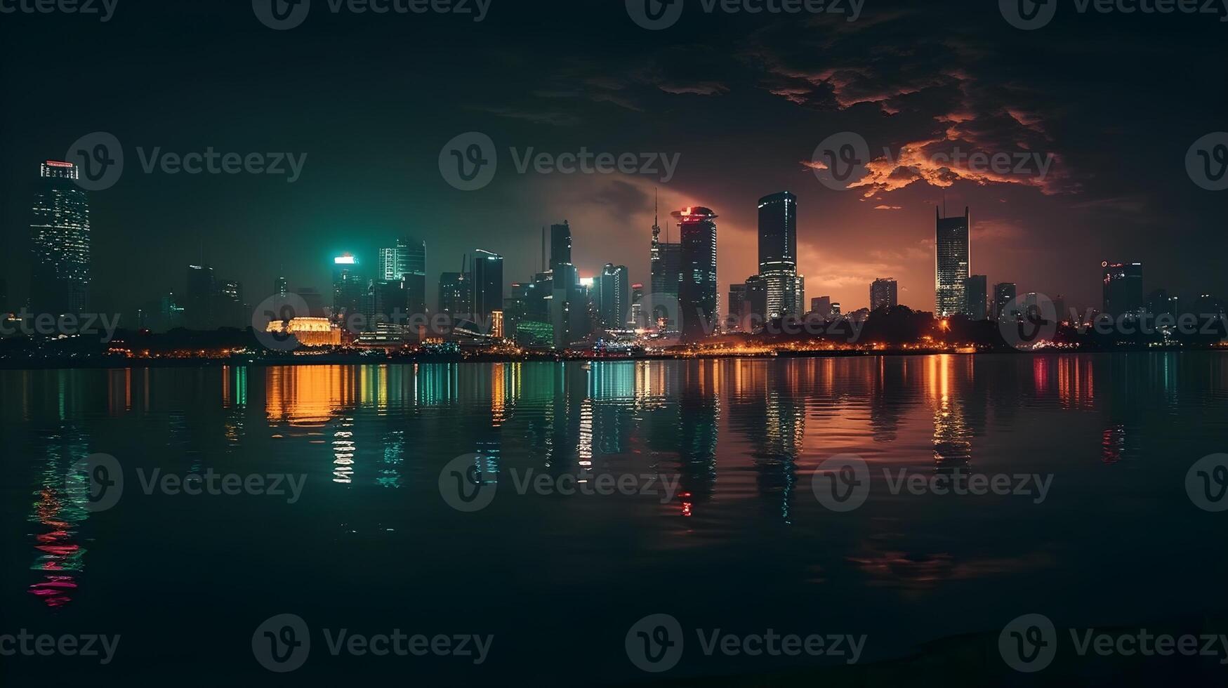 City skyline during night time with reflection on the water. Busy night life. AI Generated photo