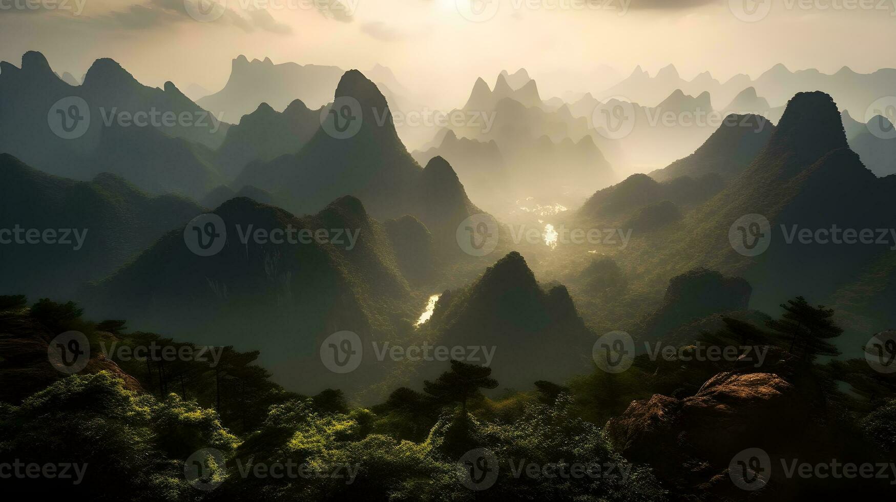 Mountain ranges of hills and valleys filled with green trees filled with mist, golden hour evening sunset. Top of the mountain view. AI Generated photo
