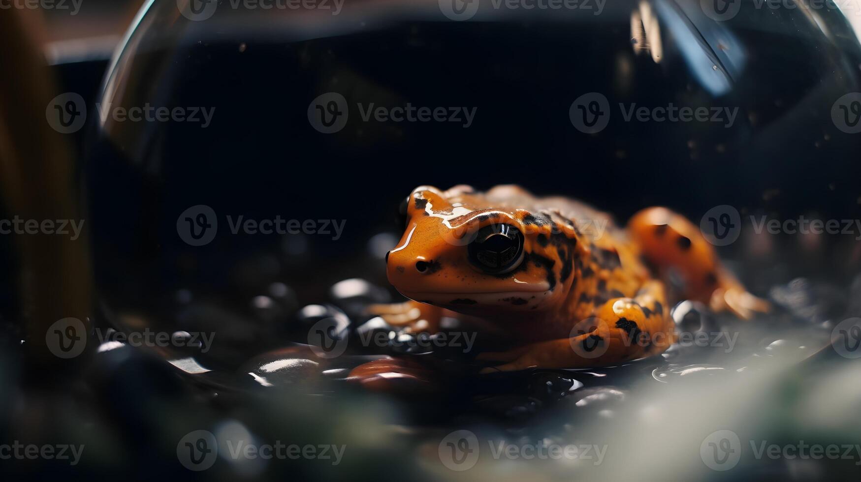 cerca arriba de naranja negro manchado fresa veneno dardo rana fascinante anfibio en naturaleza fauna silvestre. ai generado foto