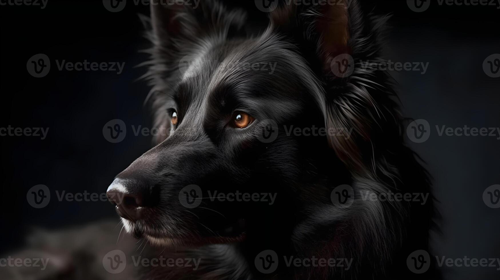 Close up face of black bohemian shepherd dog looking at something in his side very intense, dark background. AI Generated photo