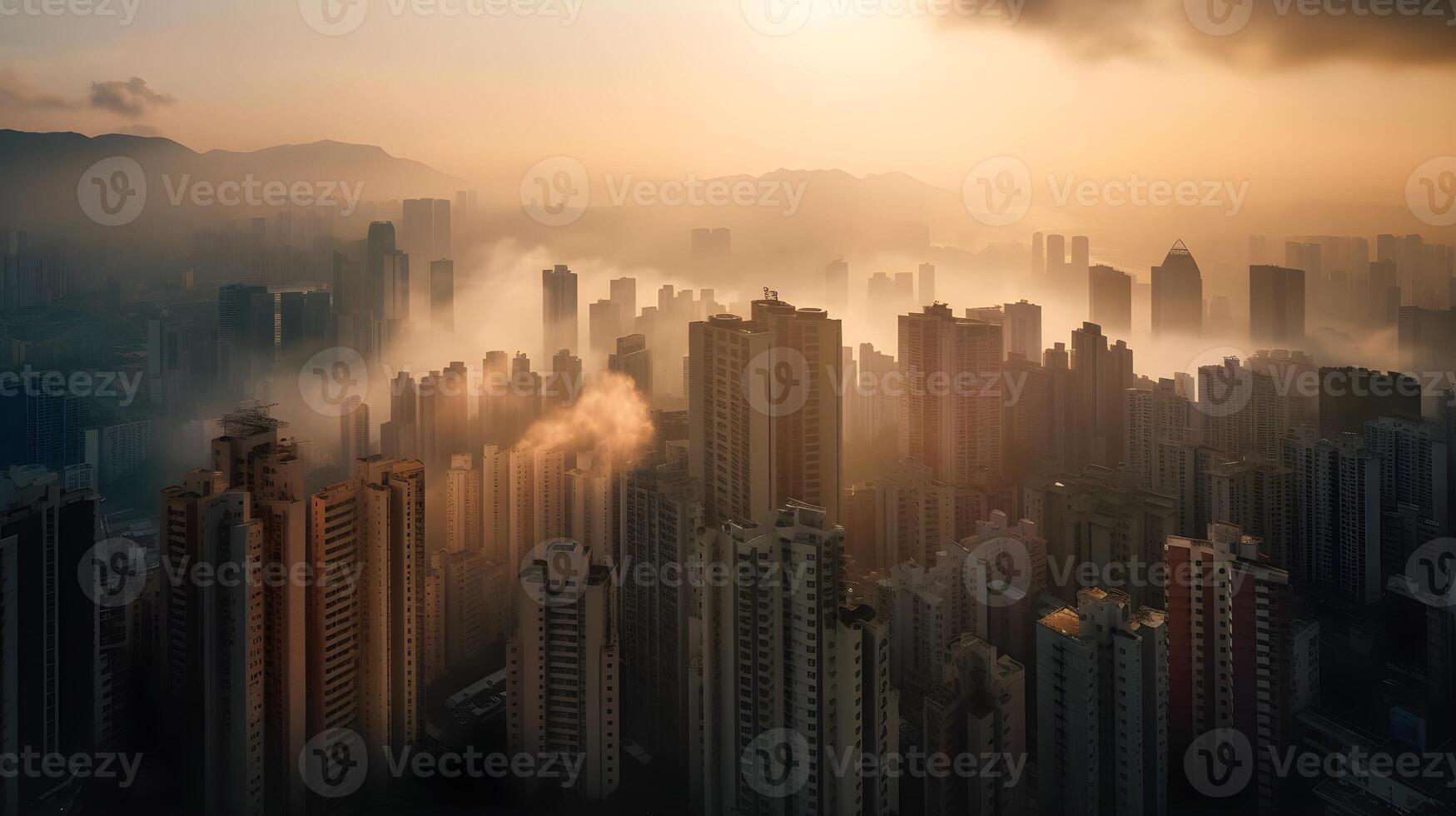 Mysterious urban skyline at dawn, with fog, skyscrapers, and panoramic cityscape. AI Generated photo