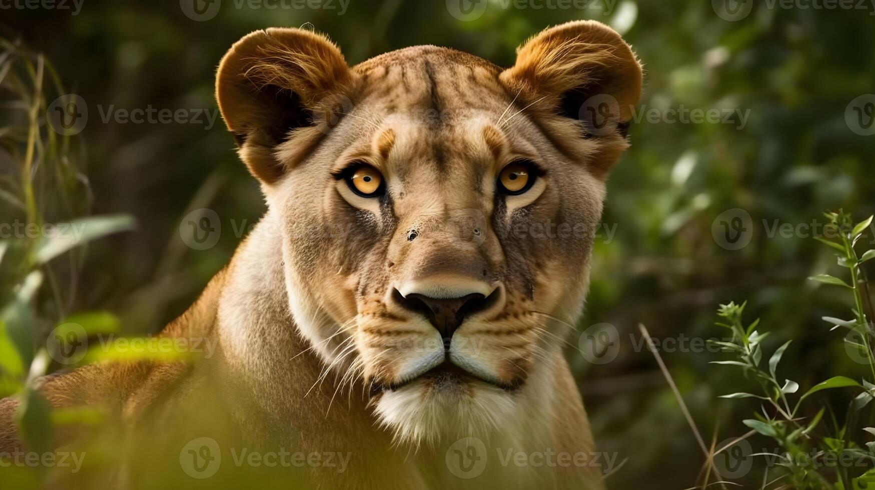 Close up portrait ferocious carnivore female lion, stare or looking at the camera at the green background. photo