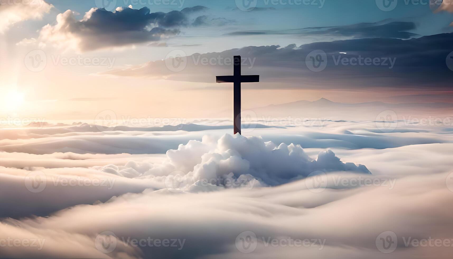 Silhouette of Christian cross appear at the clear cloudy sky atmosphere for peace and spiritual symbol of Christian people. Inspiration, resurrection hope and concept. photo