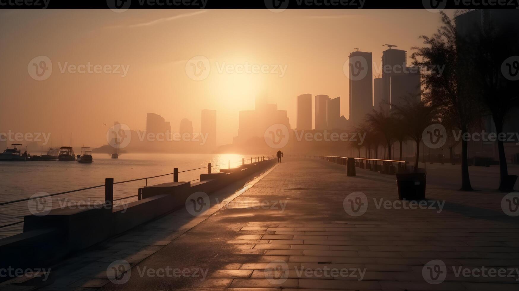 cautivador urbano horizonte a amanecer con rascacielos, oficina edificios, y sereno Mañana cielo a el mar lado bahía área. ai generado foto