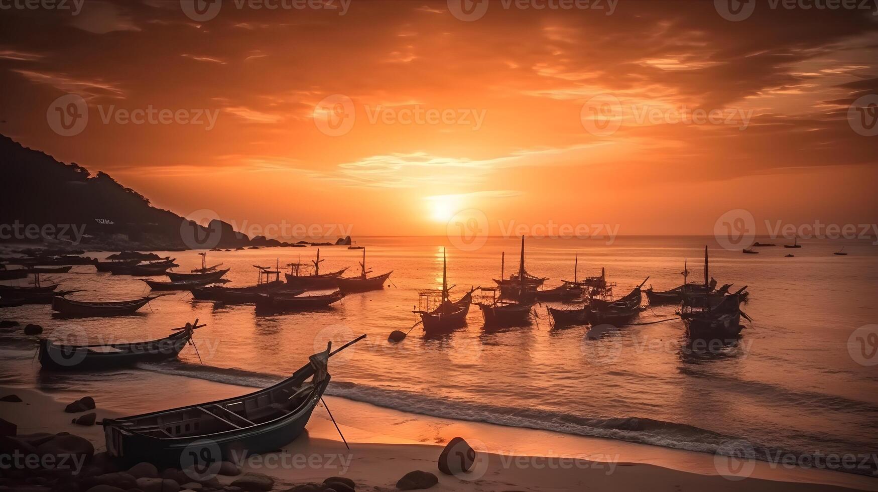 noche playa puesta de sol con un hermosa cielo, calma mar, y navegación barco a pescador playa área. ai generado foto