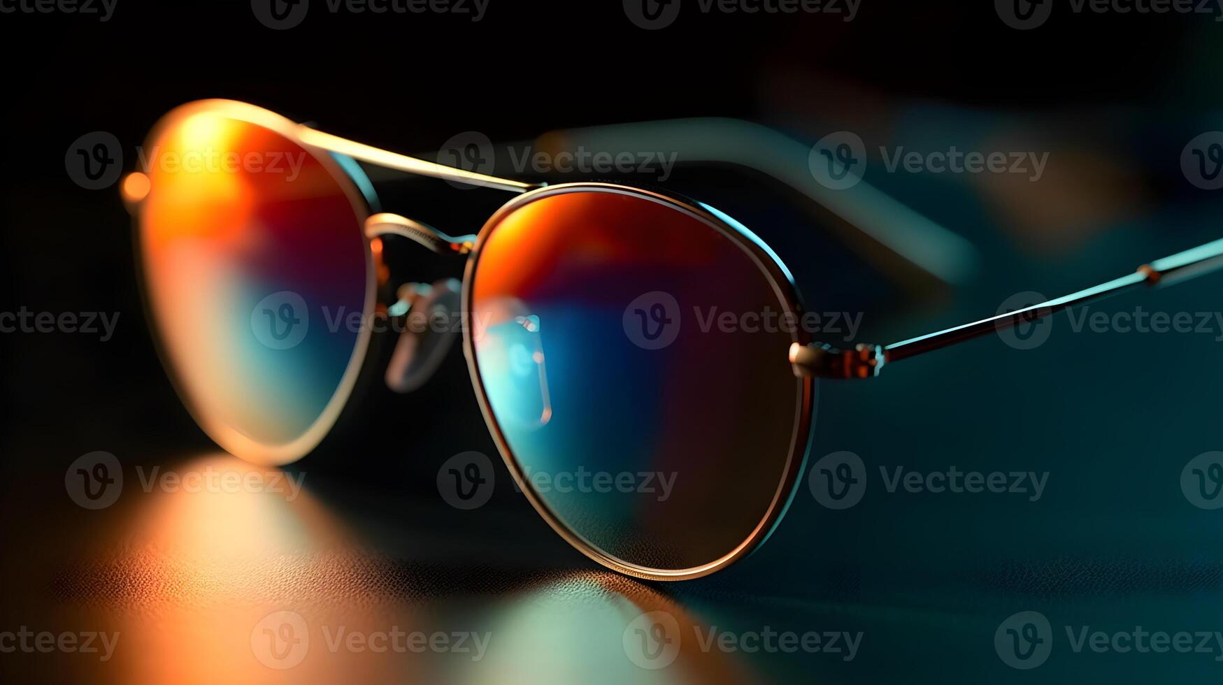 Fancy trendy modest black color reflective lens man or woman fashionable attractive aviator sun glasses at the studio shot dark background. photo