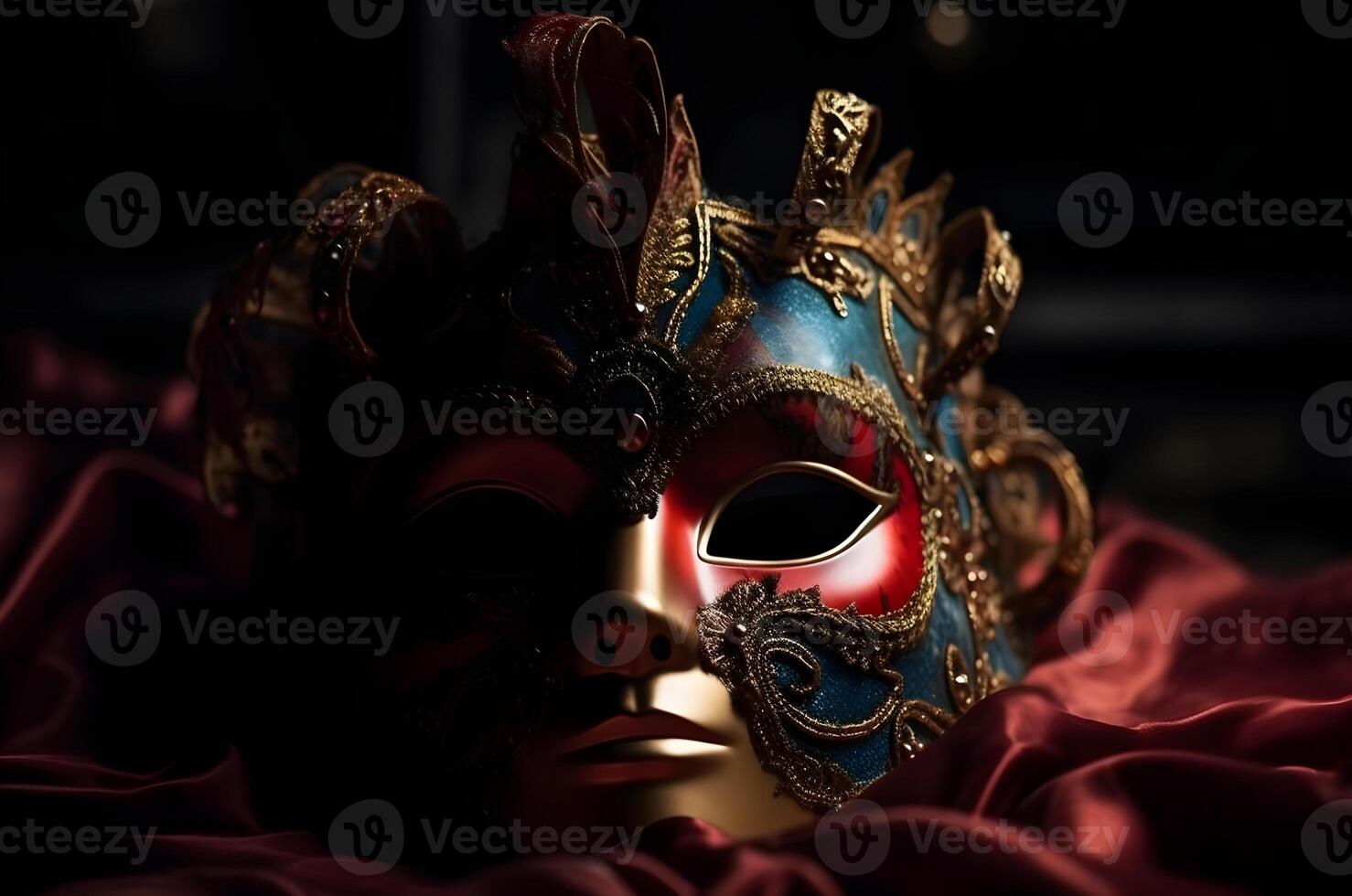 un rojo azul oro con oro detalle lleno cara carnaval máscara festival hermosa con oscuro estudio Disparo para concepto y comercial usado. ai generado foto