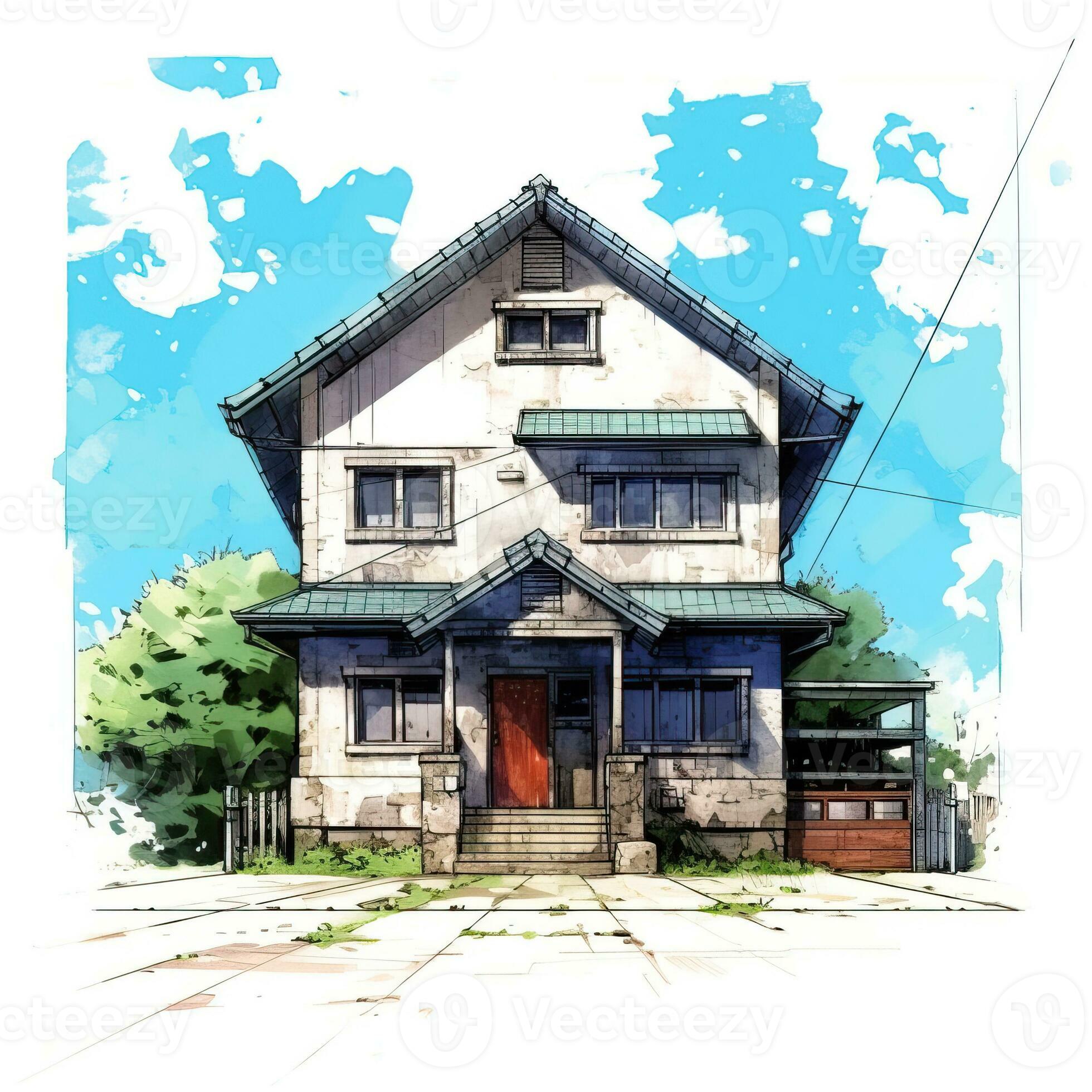 Premium AI Image | Anime house with garden and water-demhanvico.com.vn